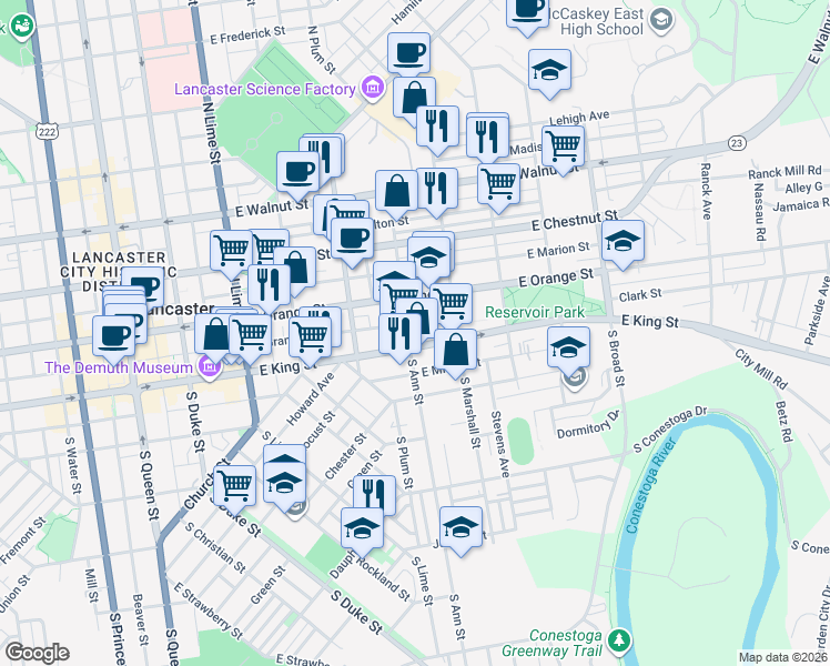map of restaurants, bars, coffee shops, grocery stores, and more near 515 East King Street in Lancaster