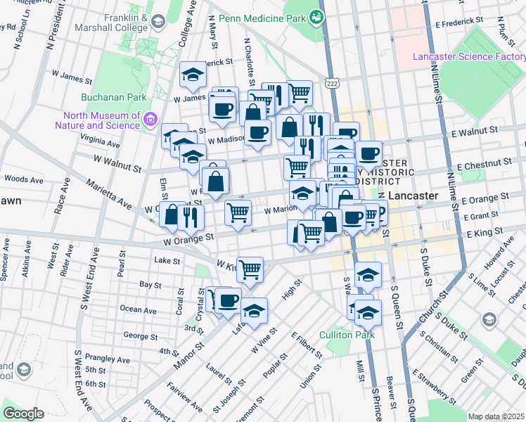 map of restaurants, bars, coffee shops, grocery stores, and more near 128 North Charlotte Street in Lancaster