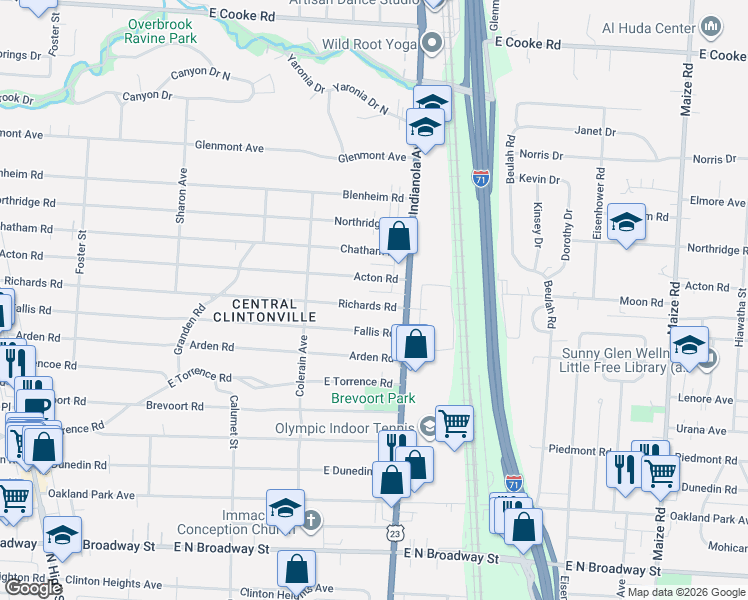 map of restaurants, bars, coffee shops, grocery stores, and more near 560 Richards Road in Columbus