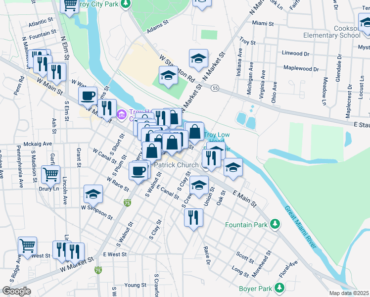 map of restaurants, bars, coffee shops, grocery stores, and more near 22 North Mulberry Street in Troy