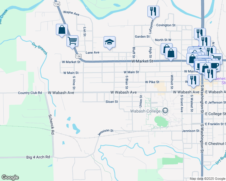 map of restaurants, bars, coffee shops, grocery stores, and more near 1002 West Wabash Avenue in Crawfordsville