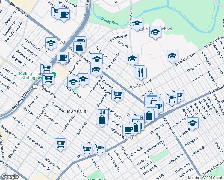 map of restaurants, bars, coffee shops, grocery stores, and more near 3206 Englewood Street in Philadelphia
