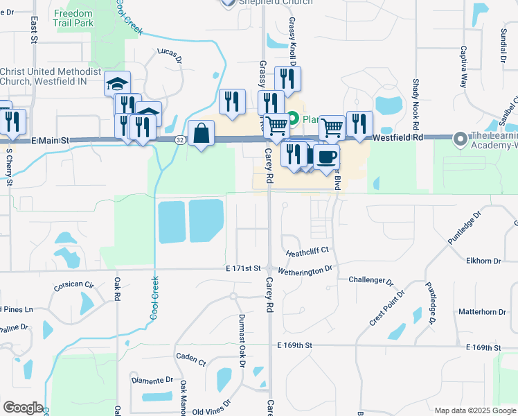 map of restaurants, bars, coffee shops, grocery stores, and more near 17241 Shadoan Way in Westfield
