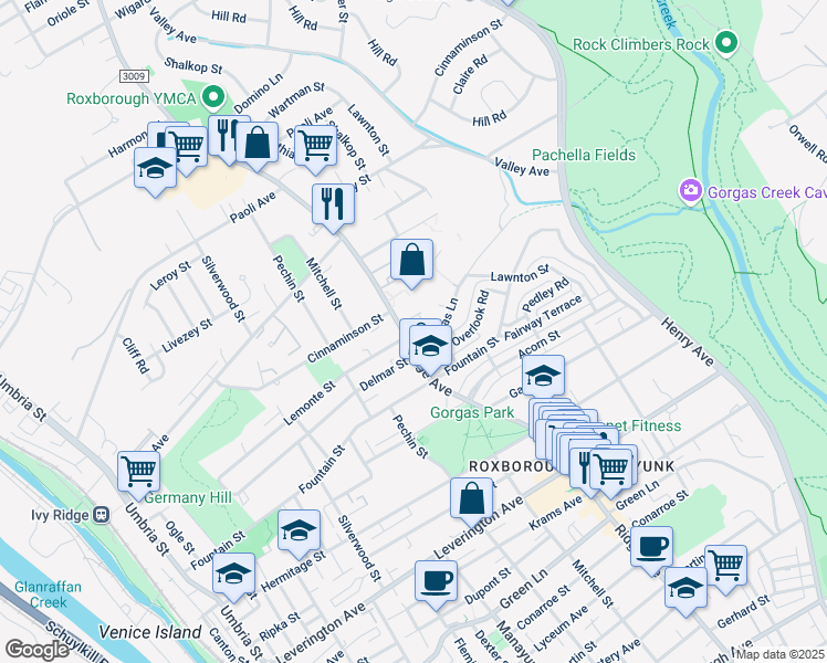 map of restaurants, bars, coffee shops, grocery stores, and more near 6619 Ridge Avenue in Philadelphia