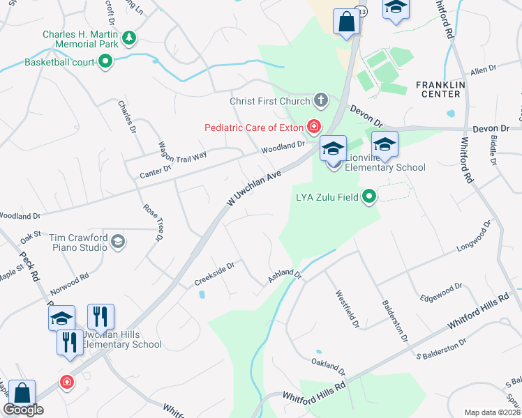 map of restaurants, bars, coffee shops, grocery stores, and more near 11 Whitely Road in Downingtown