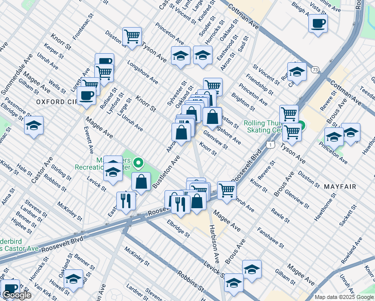 map of restaurants, bars, coffee shops, grocery stores, and more near 6721 Bustleton Avenue in Philadelphia