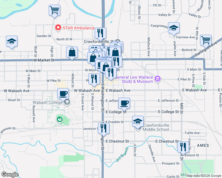 map of restaurants, bars, coffee shops, grocery stores, and more near 224 South Green Street in Crawfordsville