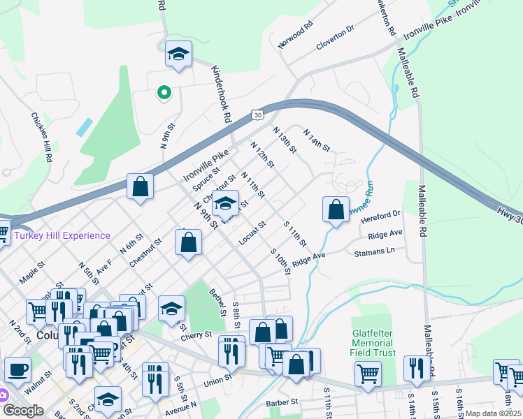 map of restaurants, bars, coffee shops, grocery stores, and more near 1045 Locust Street in Columbia
