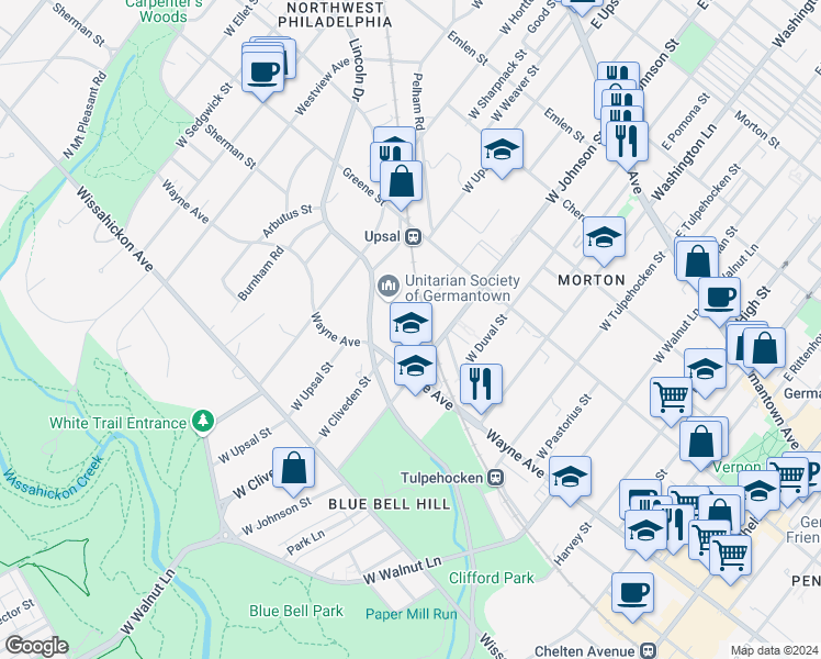map of restaurants, bars, coffee shops, grocery stores, and more near 6411R Wayne Avenue in Philadelphia