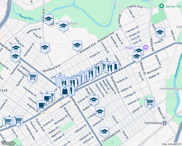map of restaurants, bars, coffee shops, grocery stores, and more near 3525 Shelmire Avenue in Philadelphia