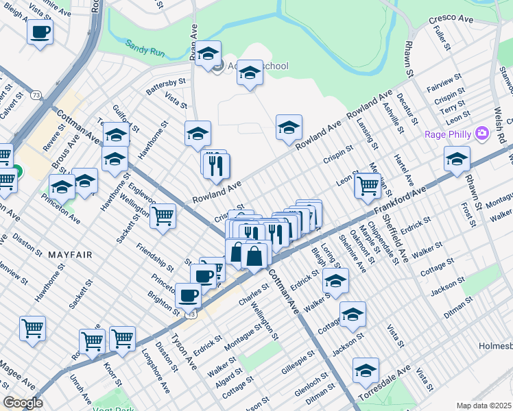 map of restaurants, bars, coffee shops, grocery stores, and more near 3409 Aldine Street in Philadelphia