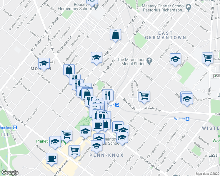 map of restaurants, bars, coffee shops, grocery stores, and more near 5810 Baynton Street in Philadelphia