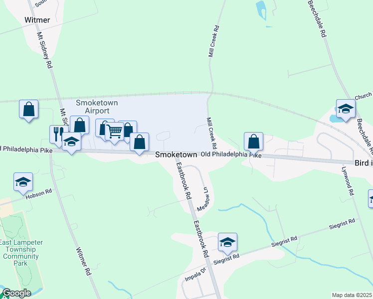 map of restaurants, bars, coffee shops, grocery stores, and more near 2509 Old Philadelphia Pike in Bird in Hand
