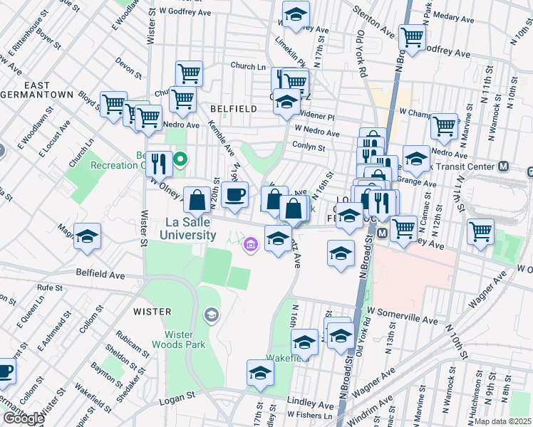 map of restaurants, bars, coffee shops, grocery stores, and more near 5614 Ogontz Avenue in Philadelphia