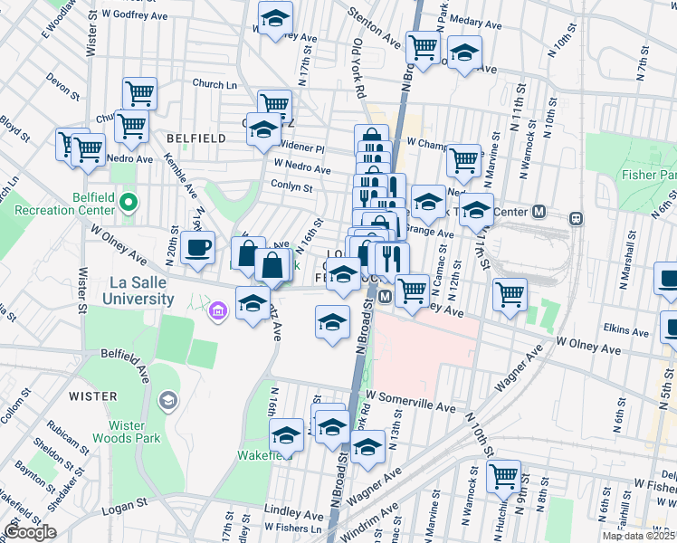 map of restaurants, bars, coffee shops, grocery stores, and more near 5621 North 15th Street in Philadelphia