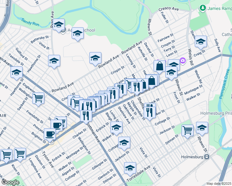 map of restaurants, bars, coffee shops, grocery stores, and more near 3532 Oakmont Street in Philadelphia