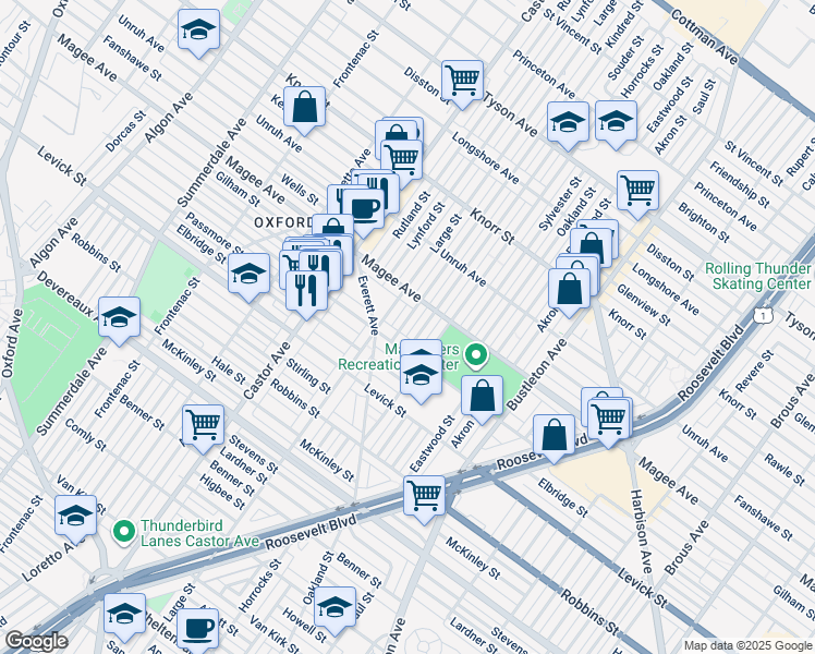 map of restaurants, bars, coffee shops, grocery stores, and more near 6523 Kindred Street in Philadelphia