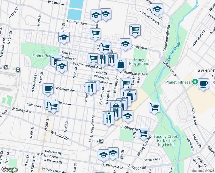 map of restaurants, bars, coffee shops, grocery stores, and more near 5850 North Hope Street in Philadelphia