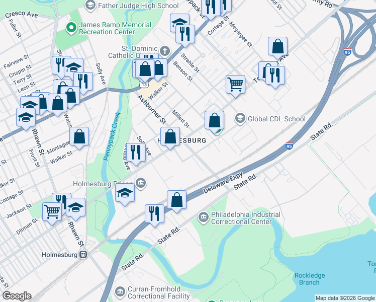 map of restaurants, bars, coffee shops, grocery stores, and more near 4720 Ashburner Street in Philadelphia