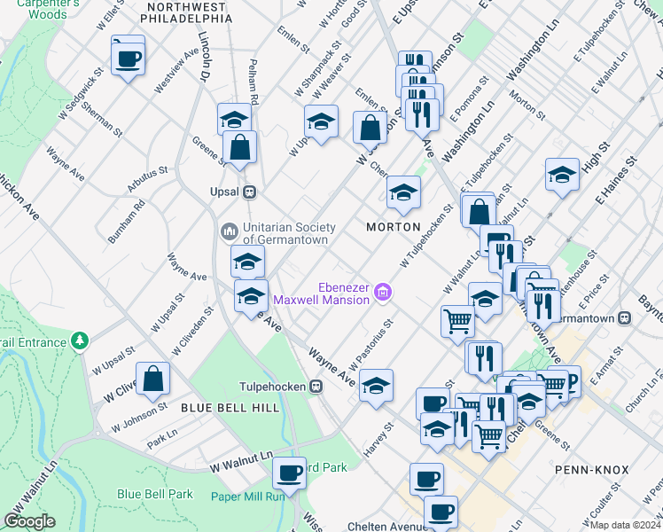 map of restaurants, bars, coffee shops, grocery stores, and more near 6334 Greene Street in Philadelphia