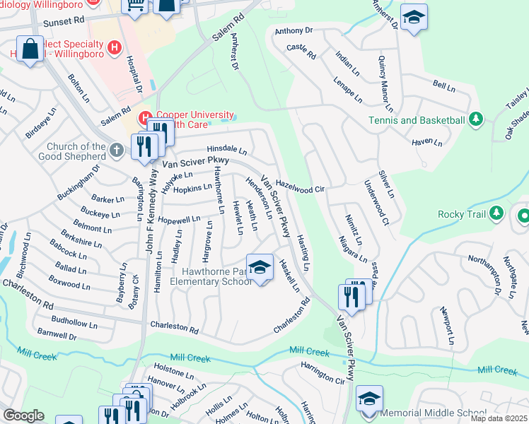 map of restaurants, bars, coffee shops, grocery stores, and more near 31 Henderson Lane in Willingboro