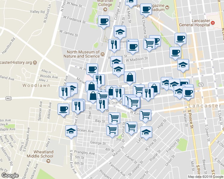 map of restaurants, bars, coffee shops, grocery stores, and more near 632 West Chestnut Street in Lancaster
