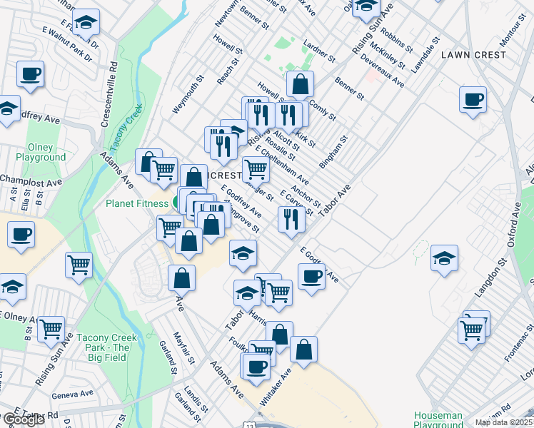 map of restaurants, bars, coffee shops, grocery stores, and more near 587 East Godfrey Avenue in Philadelphia