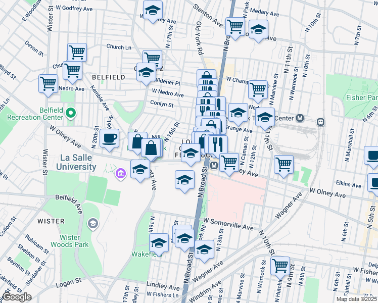 map of restaurants, bars, coffee shops, grocery stores, and more near 5621 North 15th Street in Philadelphia