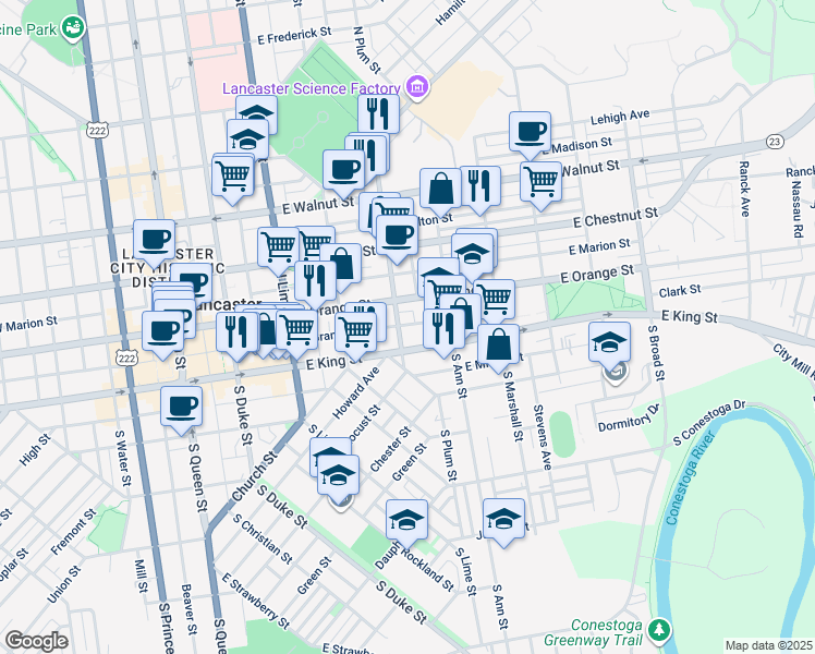map of restaurants, bars, coffee shops, grocery stores, and more near 408 East Grant Street in Lancaster