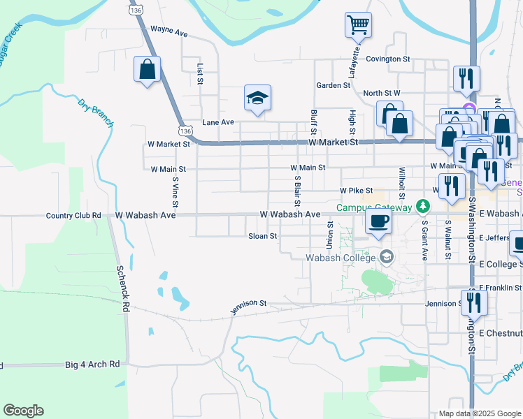 map of restaurants, bars, coffee shops, grocery stores, and more near 1002 West Wabash Avenue in Crawfordsville