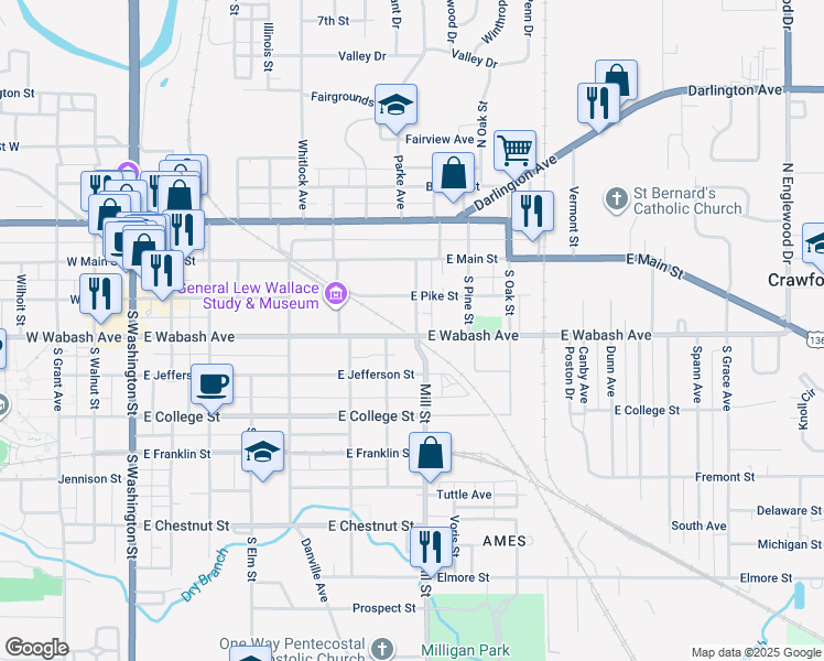 map of restaurants, bars, coffee shops, grocery stores, and more near 213 Woodlawn Place in Crawfordsville