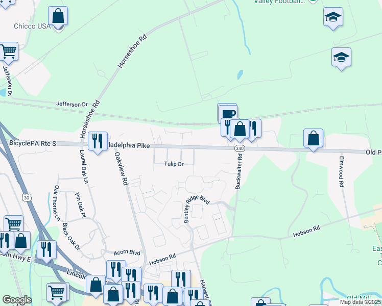 map of restaurants, bars, coffee shops, grocery stores, and more near 2174 Old Philadelphia Pike in Lancaster