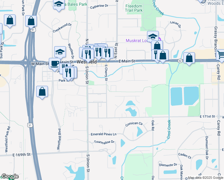 map of restaurants, bars, coffee shops, grocery stores, and more near 1901 Sanders Glen Circle in Westfield