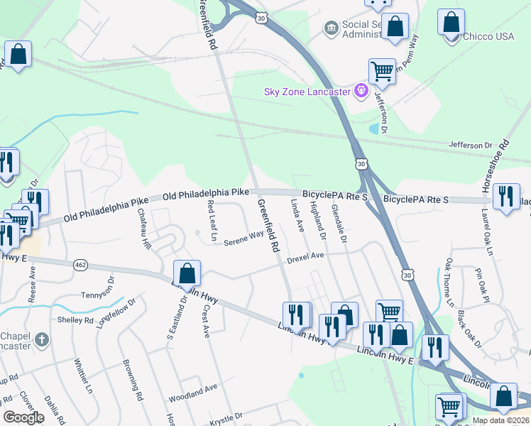 map of restaurants, bars, coffee shops, grocery stores, and more near 81 Greenfield Road in Lancaster