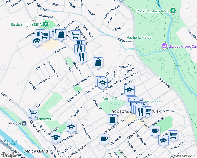 map of restaurants, bars, coffee shops, grocery stores, and more near 6619 Ridge Avenue in Philadelphia