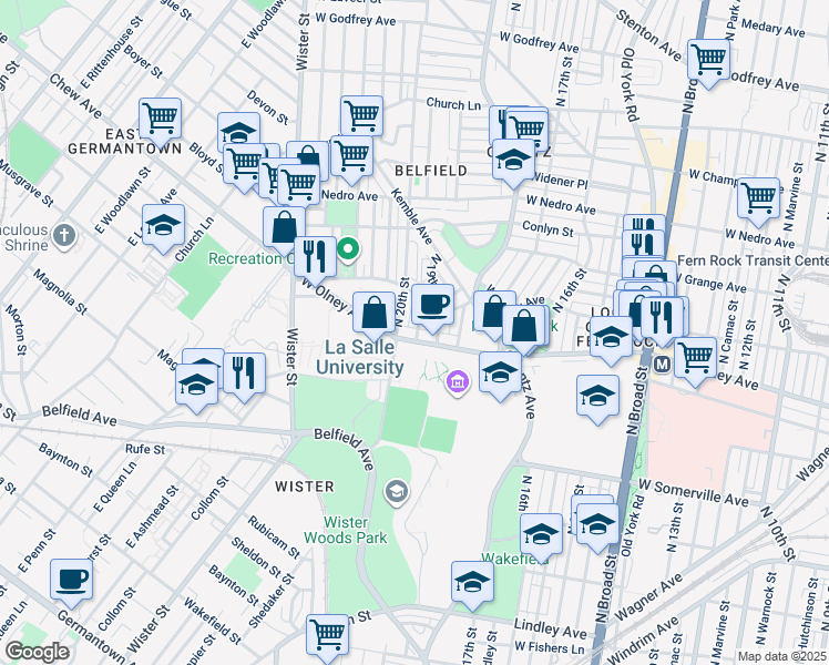 map of restaurants, bars, coffee shops, grocery stores, and more near 1913 West Olney Avenue in Philadelphia