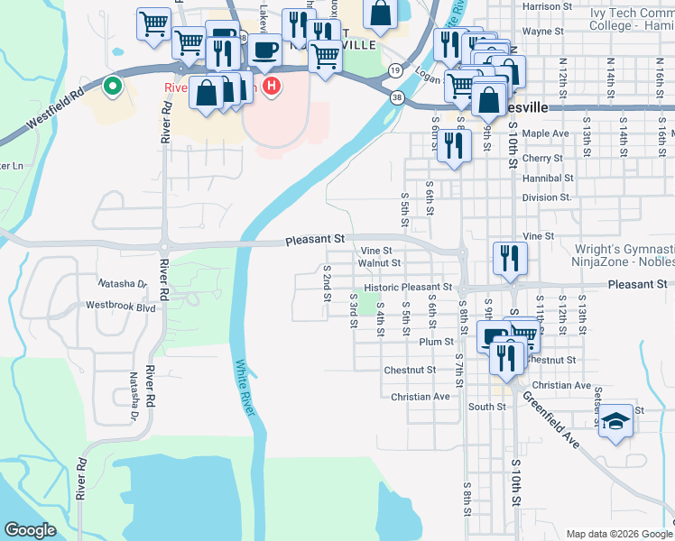 map of restaurants, bars, coffee shops, grocery stores, and more near 245 Walnut Street in Noblesville