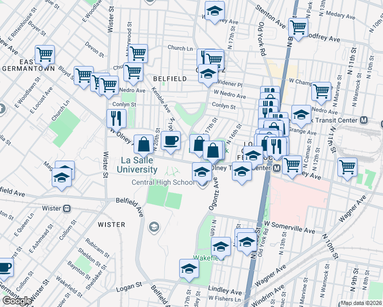map of restaurants, bars, coffee shops, grocery stores, and more near 5600 North 18th Street in Philadelphia