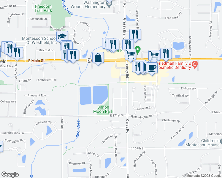 map of restaurants, bars, coffee shops, grocery stores, and more near 17248 Futch Way in Westfield