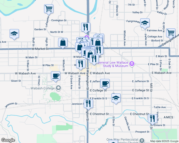 map of restaurants, bars, coffee shops, grocery stores, and more near 222 South Washington Street in Crawfordsville