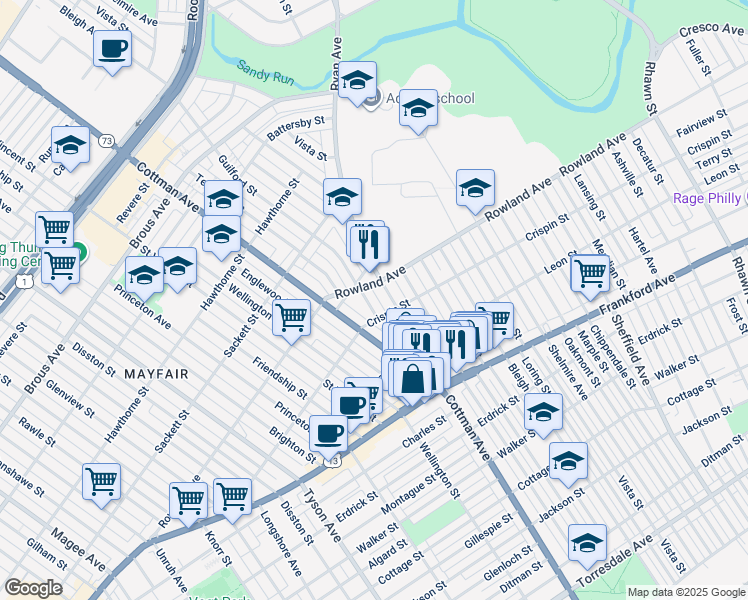 map of restaurants, bars, coffee shops, grocery stores, and more near 3319 Guilford Street in Philadelphia