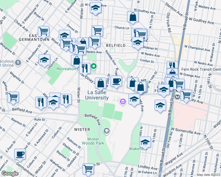 map of restaurants, bars, coffee shops, grocery stores, and more near 1915 West Olney Avenue in Philadelphia