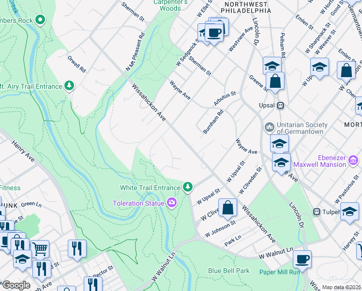 map of restaurants, bars, coffee shops, grocery stores, and more near 6716 Wissahickon Avenue in Philadelphia