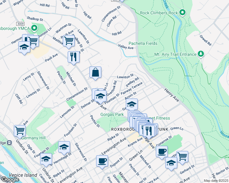 map of restaurants, bars, coffee shops, grocery stores, and more near 539 Overlook Road in Philadelphia