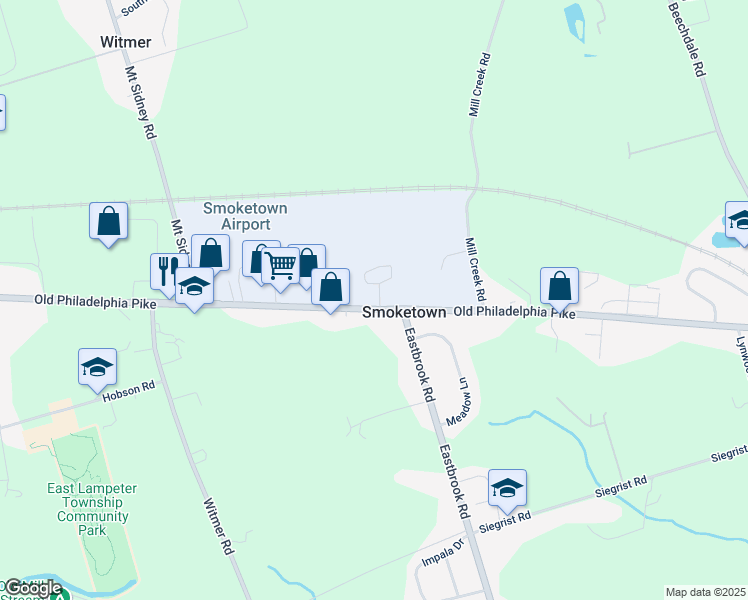 map of restaurants, bars, coffee shops, grocery stores, and more near 2495 Old Philadelphia Pike in Lancaster