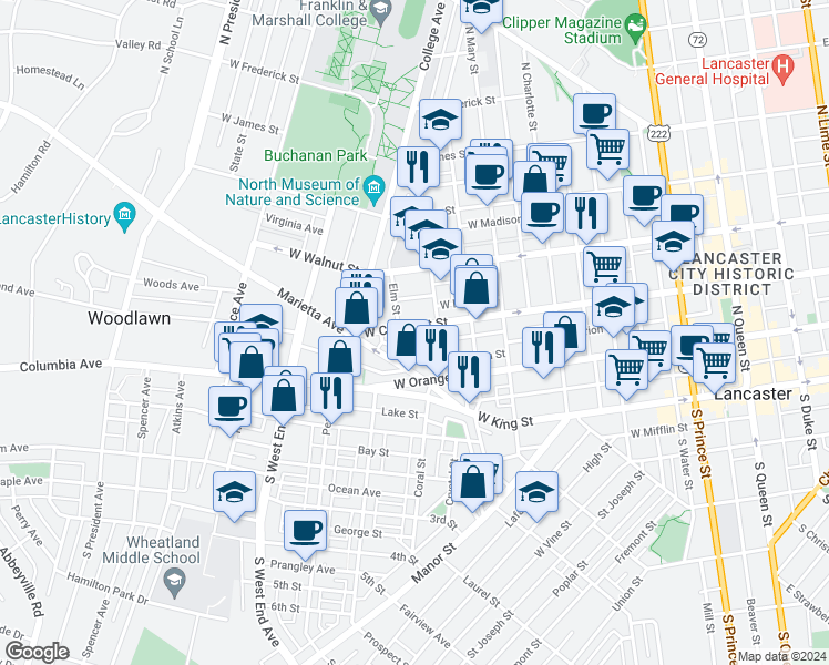 map of restaurants, bars, coffee shops, grocery stores, and more near 624 West Chestnut Street in Lancaster