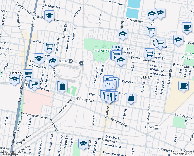 map of restaurants, bars, coffee shops, grocery stores, and more near 5759 North Marshall Street in Philadelphia