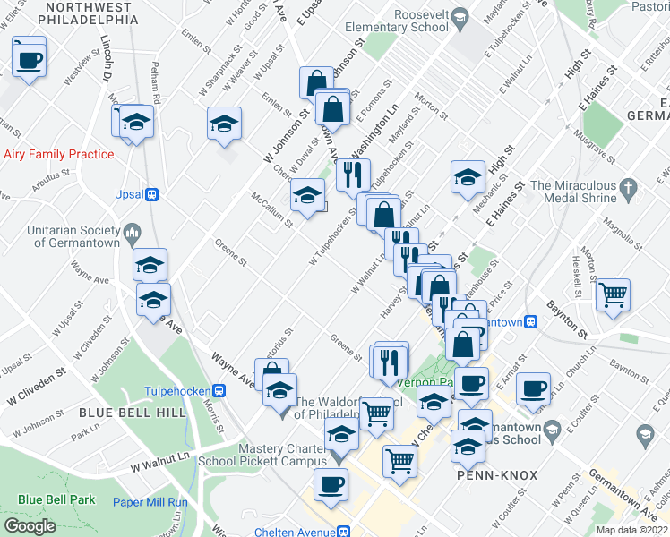map of restaurants, bars, coffee shops, grocery stores, and more near 6128 McCallum Street in Philadelphia