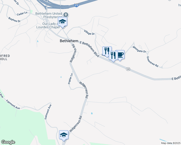 map of restaurants, bars, coffee shops, grocery stores, and more near 24 Elm Lane in Wheeling