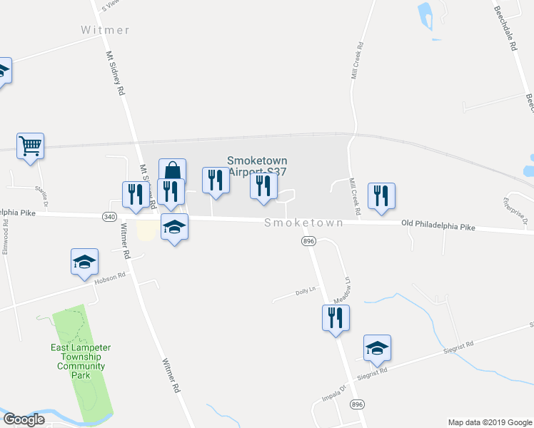 map of restaurants, bars, coffee shops, grocery stores, and more near 2483 Old Philadelphia Pike in Smoketown